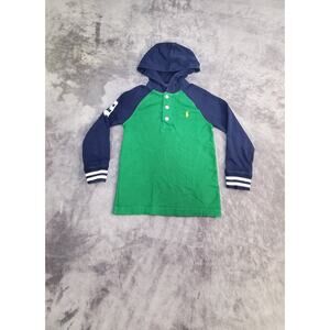 Polo Ralph Lauren Sz 5 Boys Hoodie Green Blue Shirt 1/4 Button Long Sleeve C12-3